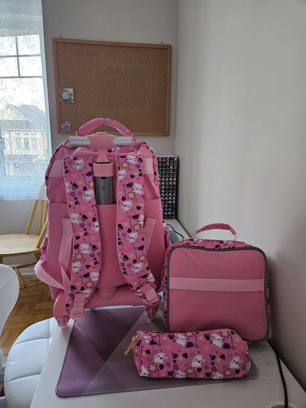 3pc Girls Rolling Backpack Set - Flip Sequin Cat School Bag, Lunch Box & Pencil - Picture 3 of 17